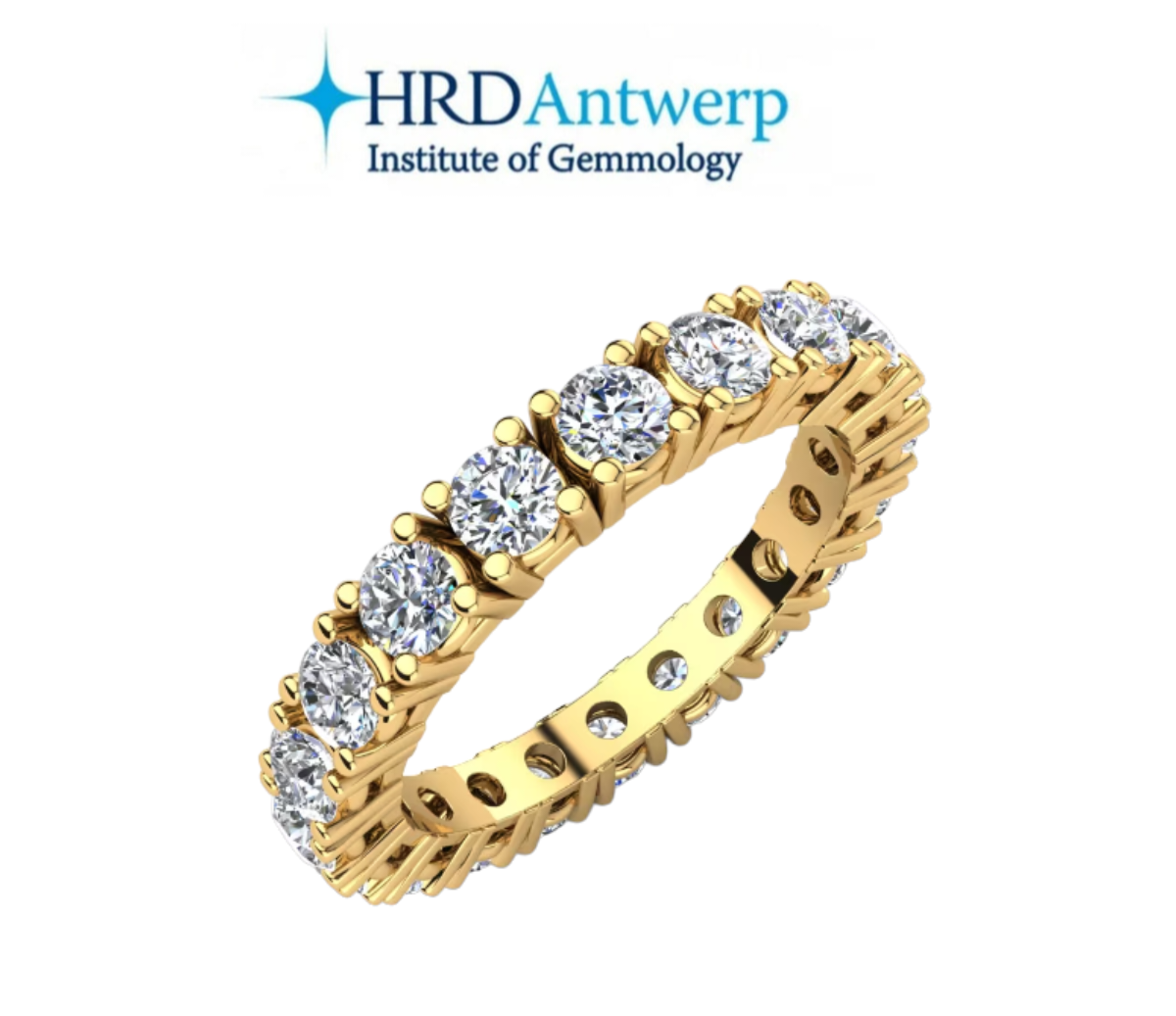 HRD certified eternity ring in 18k yellow gold with 3.85 ct natural diamonds