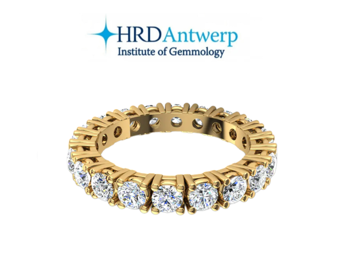 HRD certified eternity ring in 18k yellow gold with 3.85 ct natural diamonds