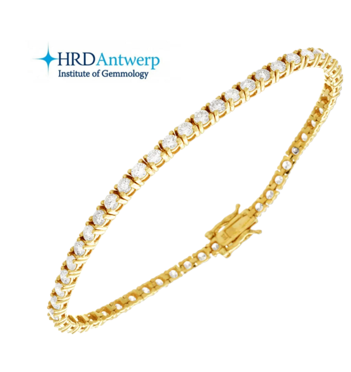 HRD certified tennis bracelet in 18k yellow gold and natural diamonds 4.13 ct F VVS1