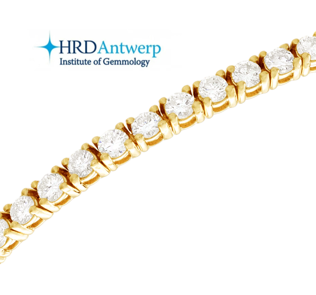 HRD certified tennis bracelet in 18k yellow gold and natural diamonds 4.13 ct F VVS1