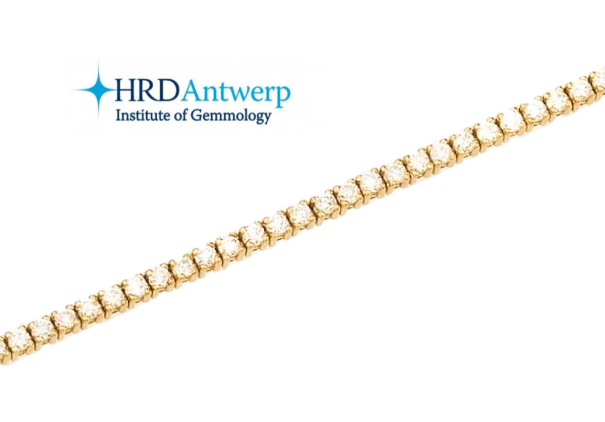 HRD certified tennis bracelet in 18k yellow gold and natural diamonds 4.13 ct F VVS1