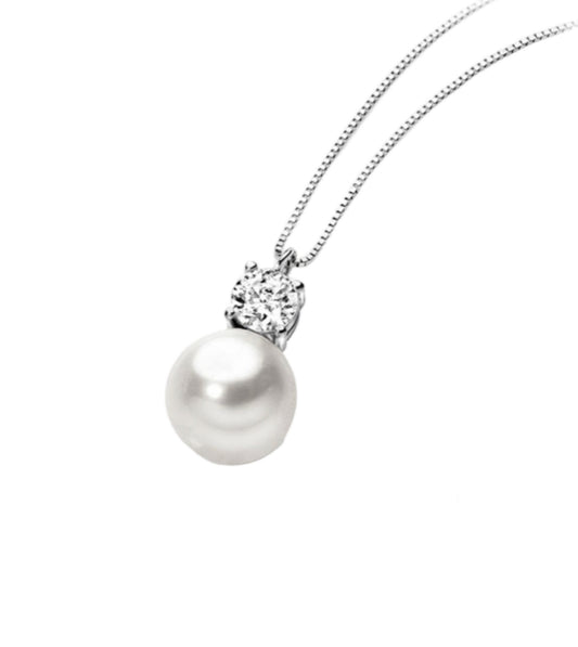 collier point lumineux en or blanc 18 carats avec perle naturelle d'Australie de 9 mm et 1 diamant naturel 0,10 ct