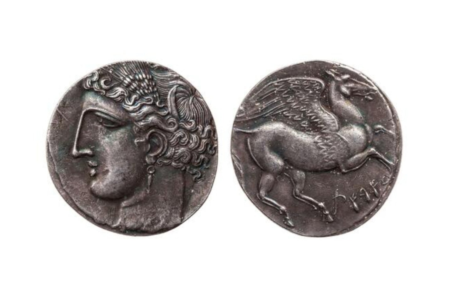 Ancient Greek silver coins 999.9, depicted tanit and winged pegasus 5 shekels 264-260 BC