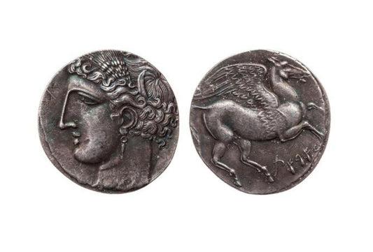 monete antico greco argento 999,9 ,raffigurato tanit e alato pegasus 5 shekel 264-260 B.C
