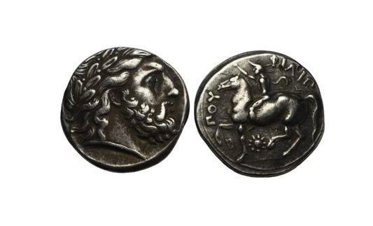 Antico monete grecia d'argento filippo II e zeus 323-315 B.C