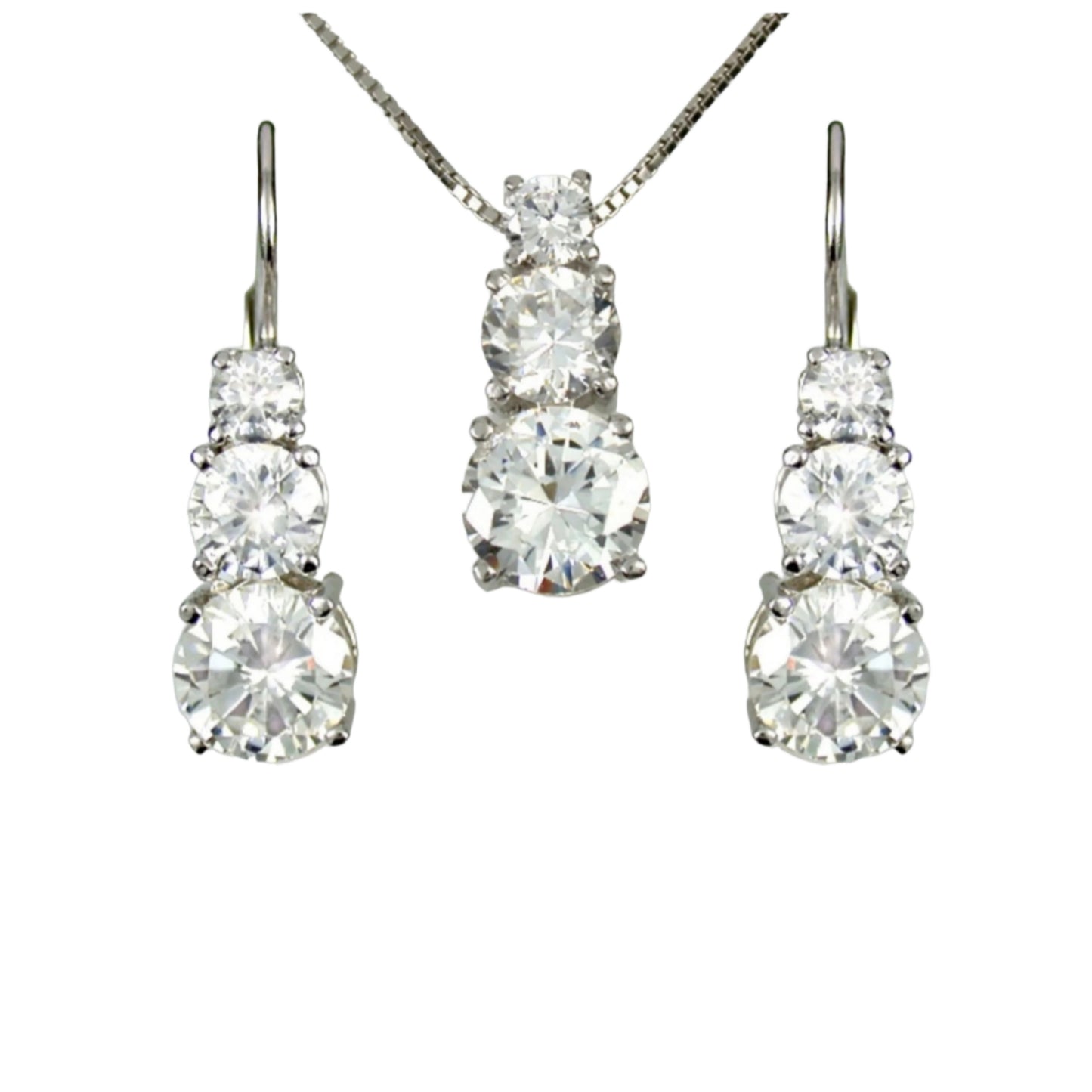 parure trilogie complète composée d'un pendentif et de boucles d'oreilles point lumineux en or blanc 18 carats 750 et 9 diamants naturels 2,10 ct EF