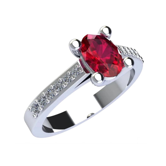 solitaire ring in 18k white gold and 1 central oval cut natural ruby ​​1.00 ct and small diamonds around it