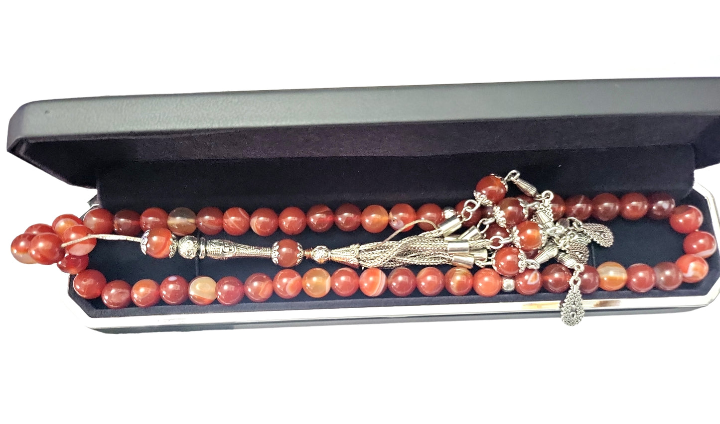 tasbih fire orange natural agate beads in silver