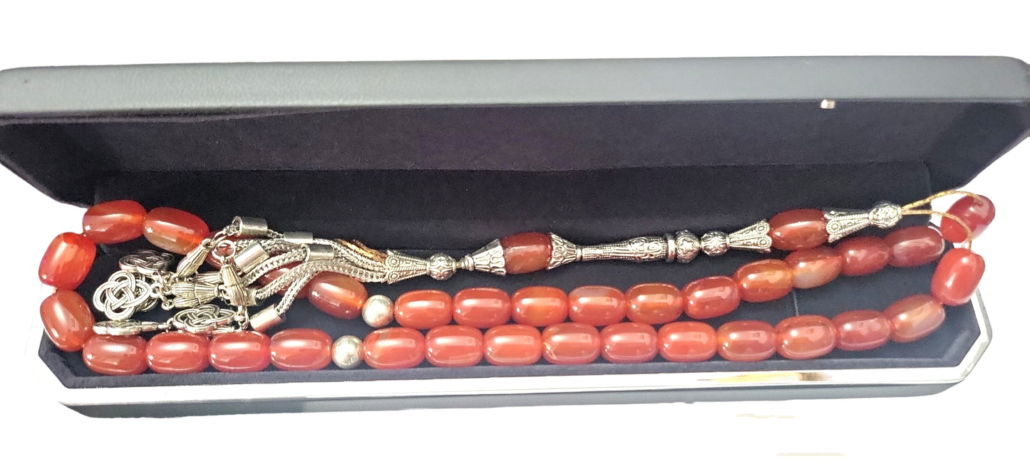 tasbih fire orange natural agate beads in silver