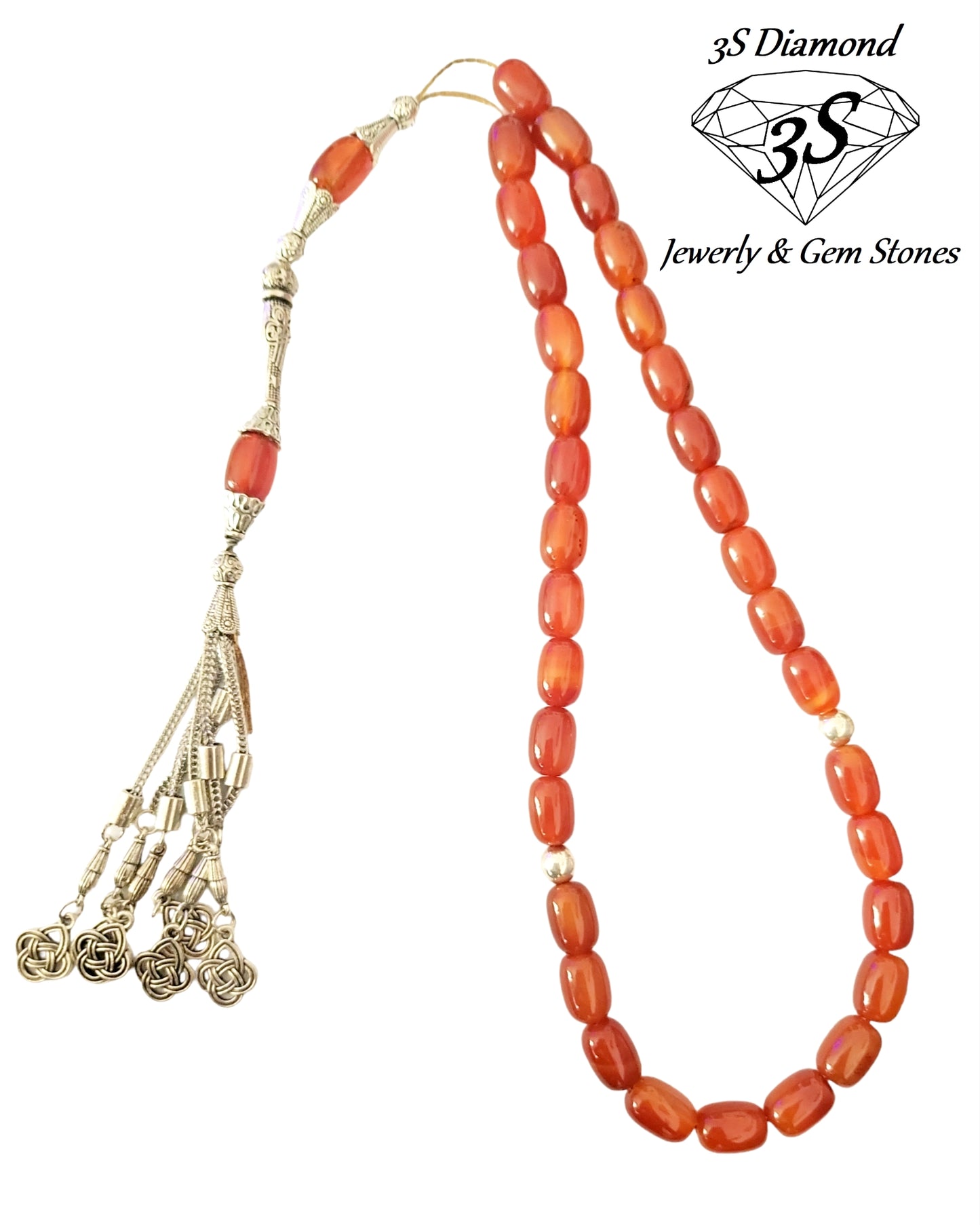 tasbih fire orange natural agate beads in silver