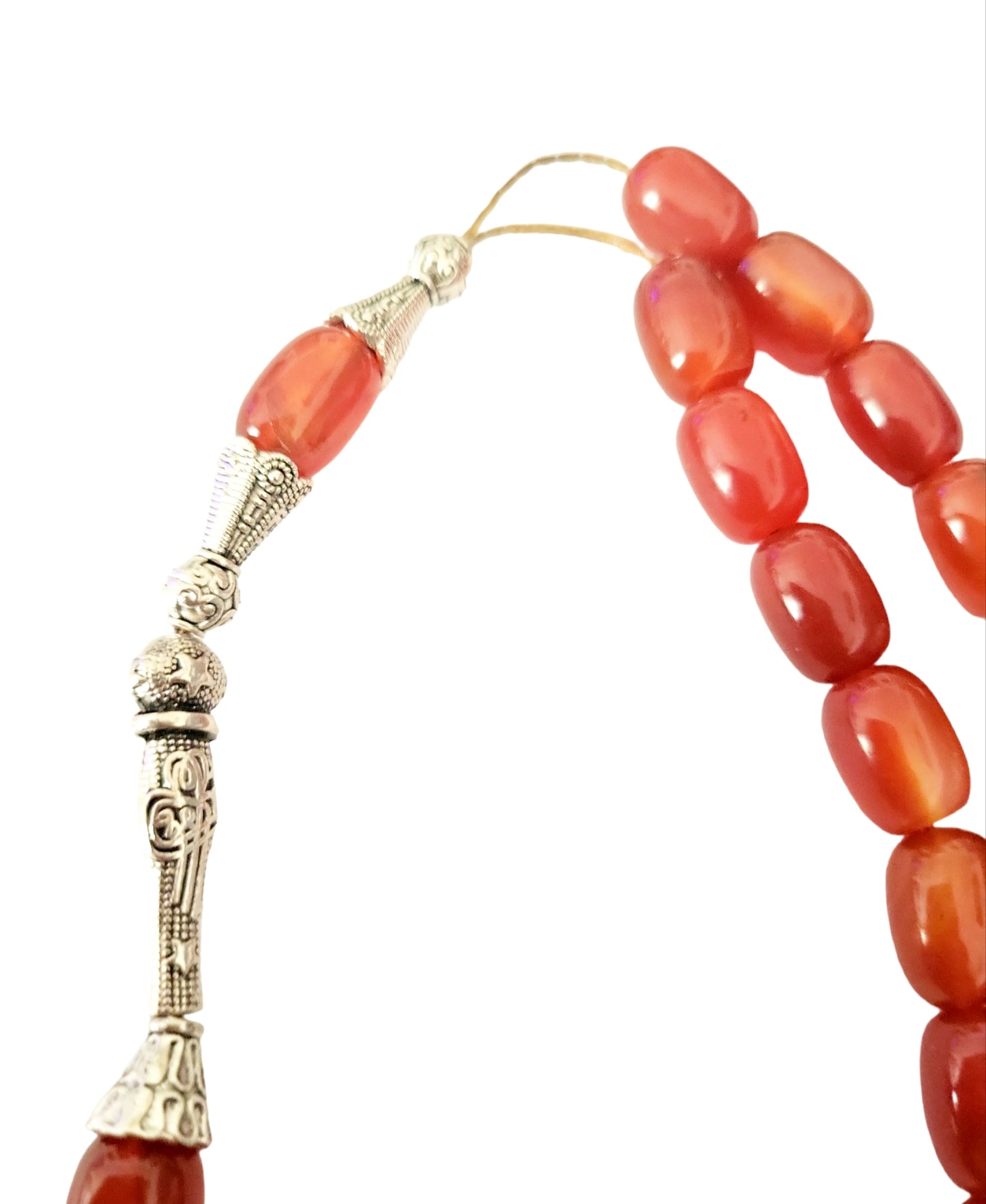 tasbih fire orange natural agate beads in silver