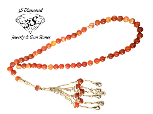 perles tasbih rondes agate orange feu naturel en argent