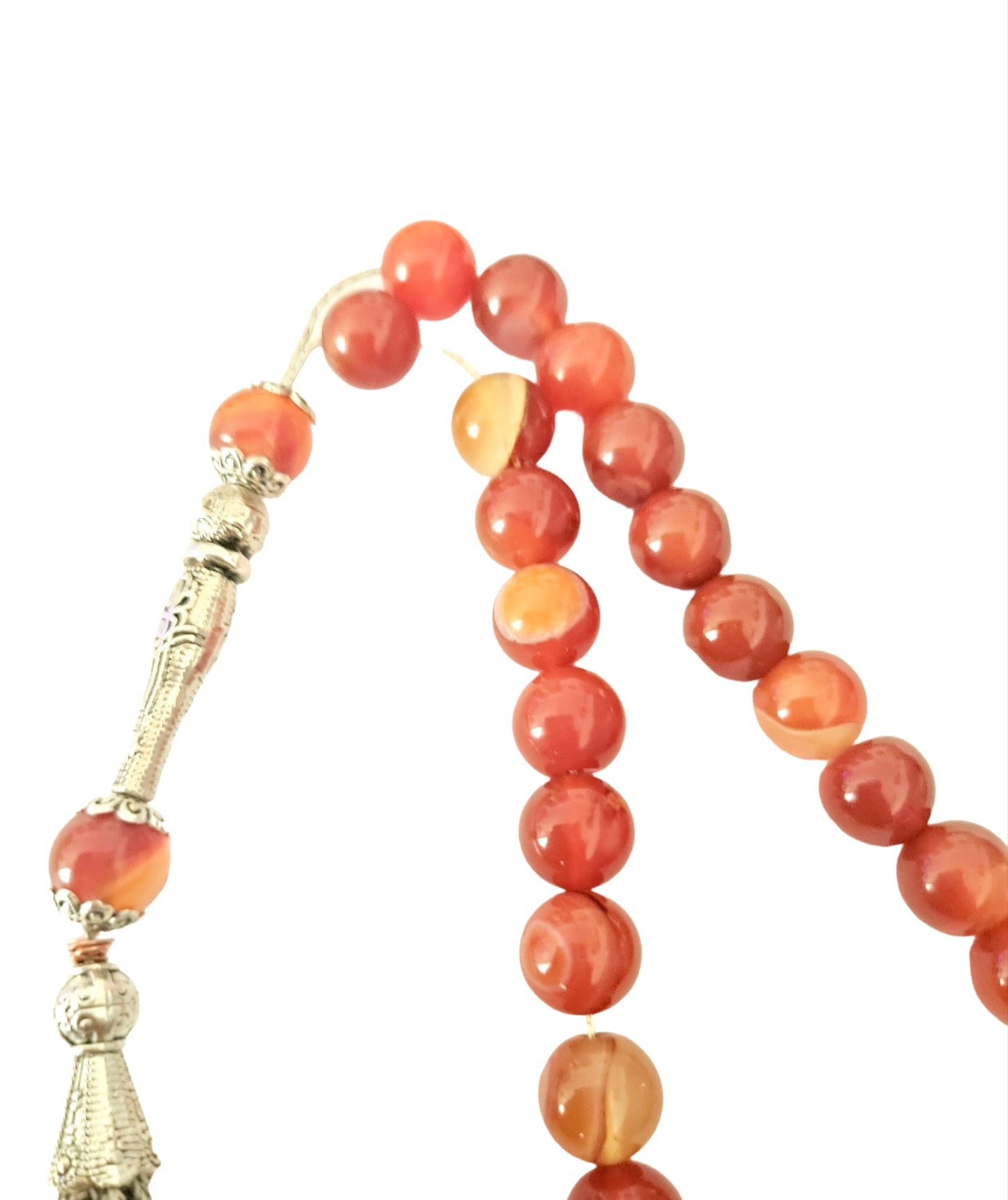 tasbih beads round natural fire orange agate in silver