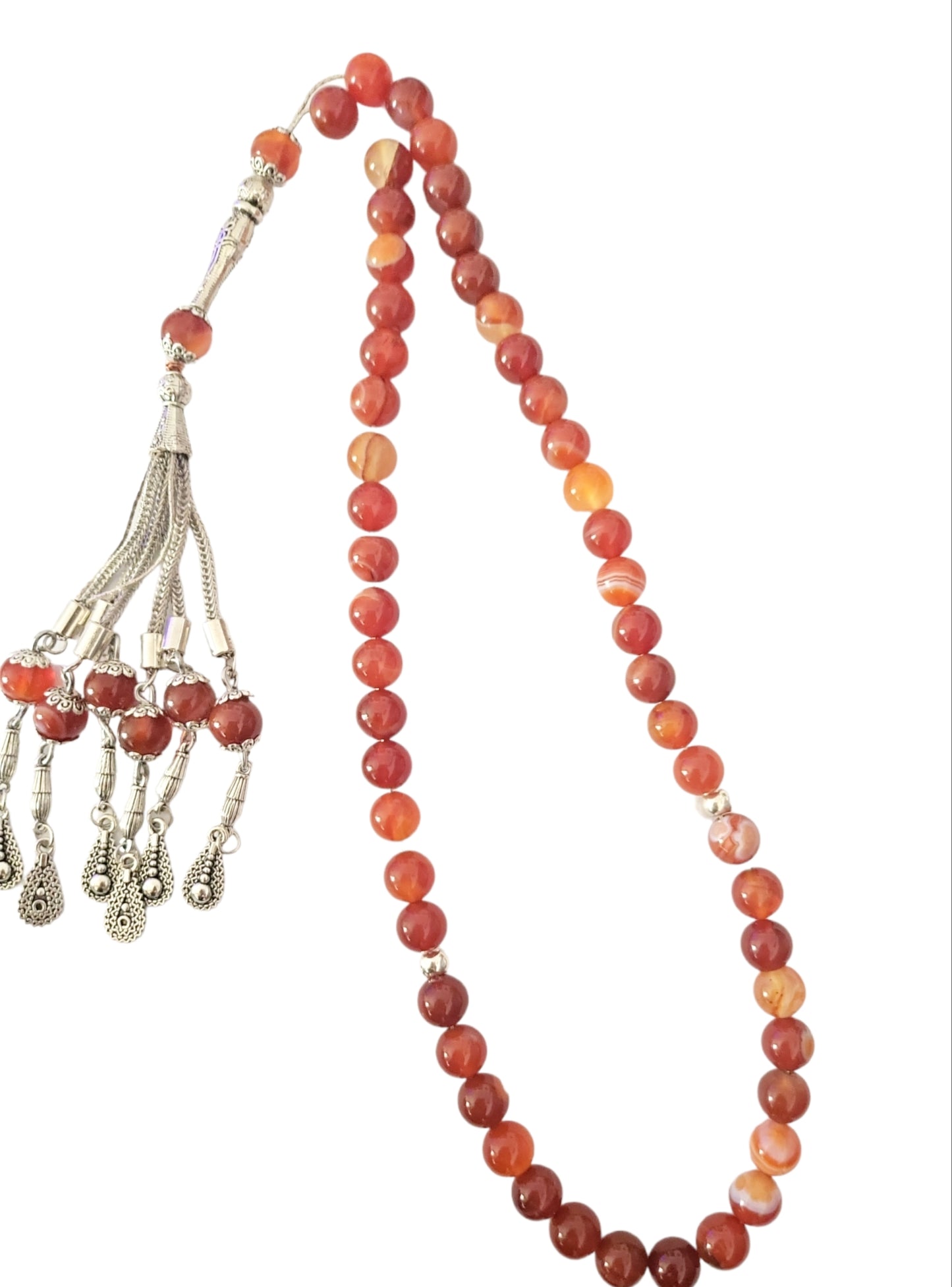 tasbih beads round natural fire orange agate in silver