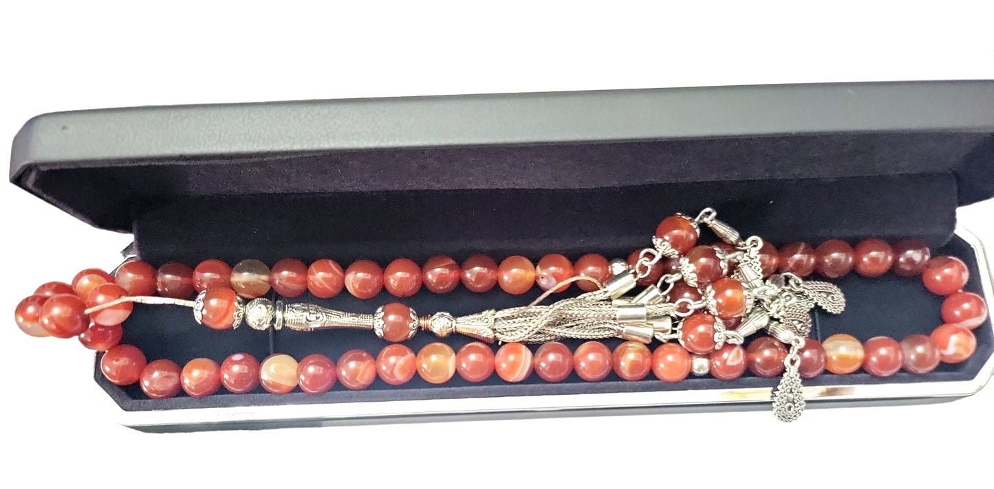 tasbih beads round natural fire orange agate in silver