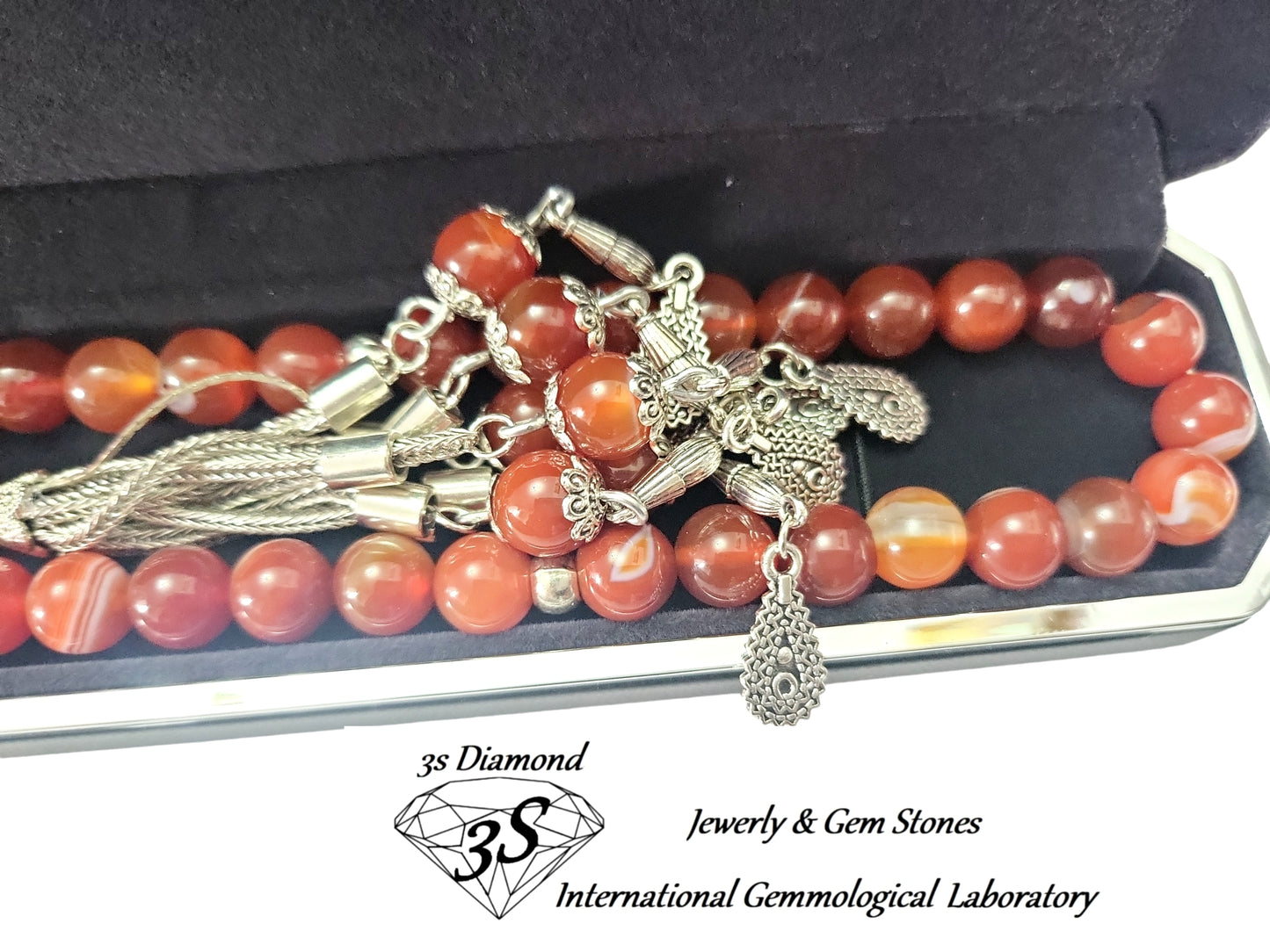 perles tasbih rondes agate orange feu naturel en argent