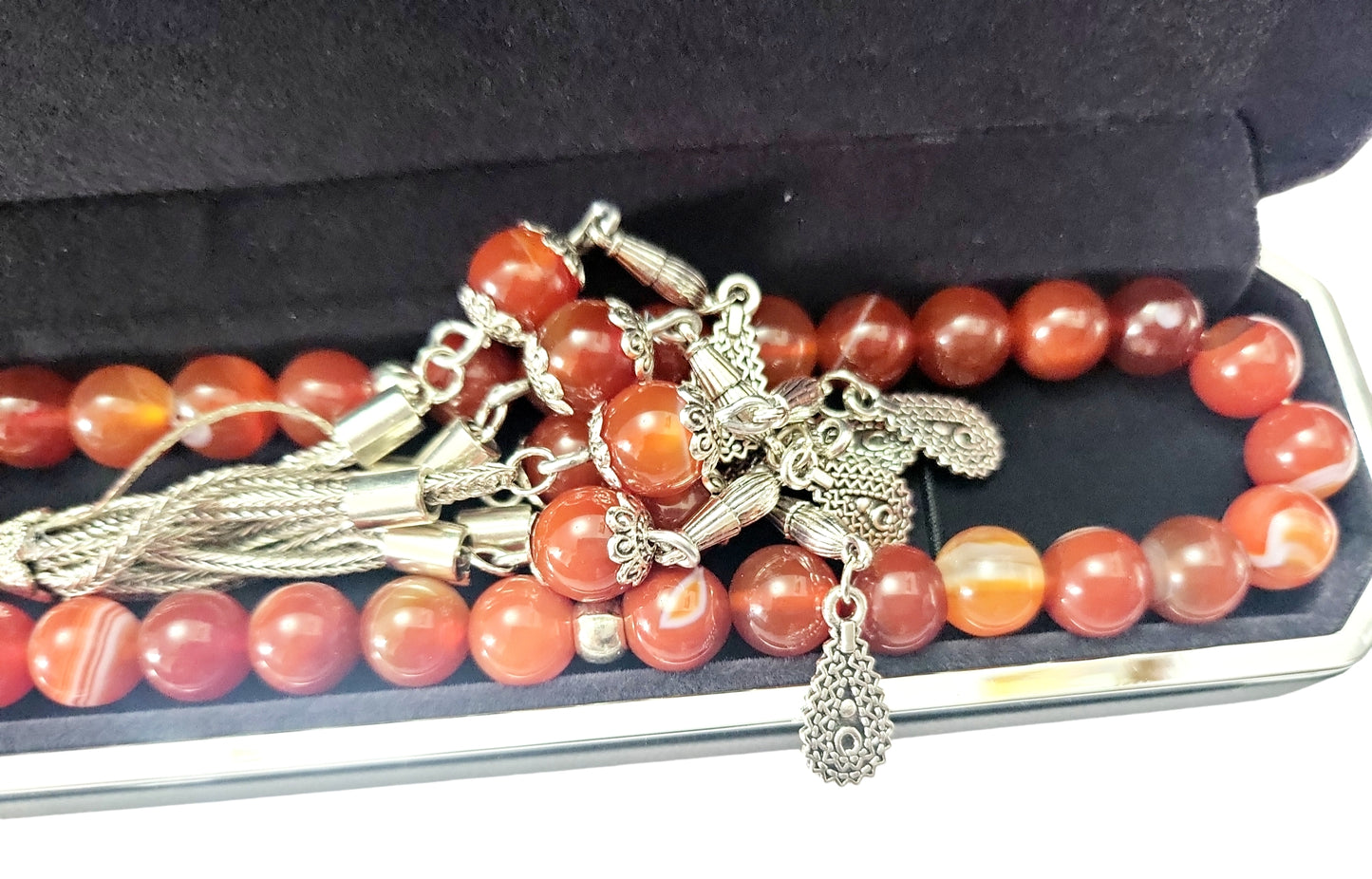 perles tasbih rondes agate orange feu naturel en argent