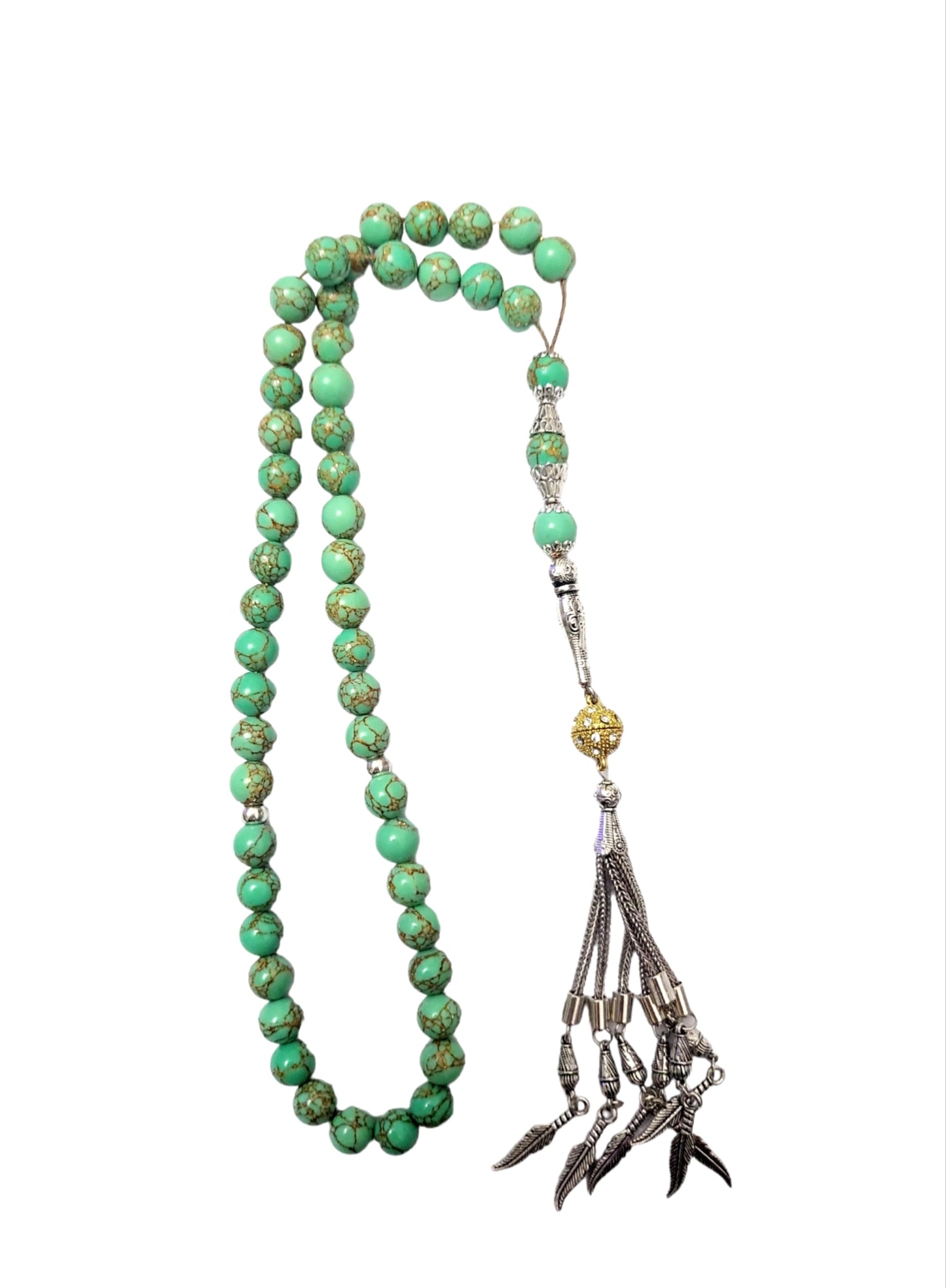 Perles tasbih turquoise naturelles persanes dorées 24 carats