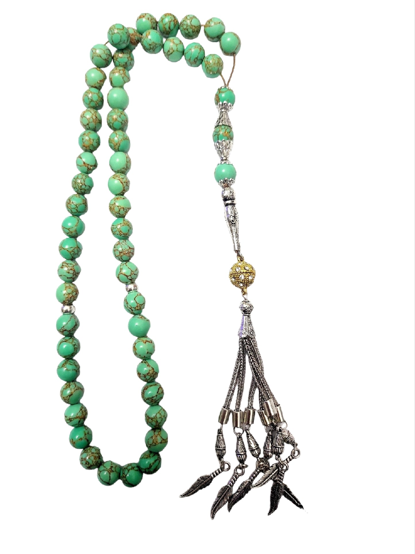 Perles tasbih turquoise naturelles persanes dorées 24 carats