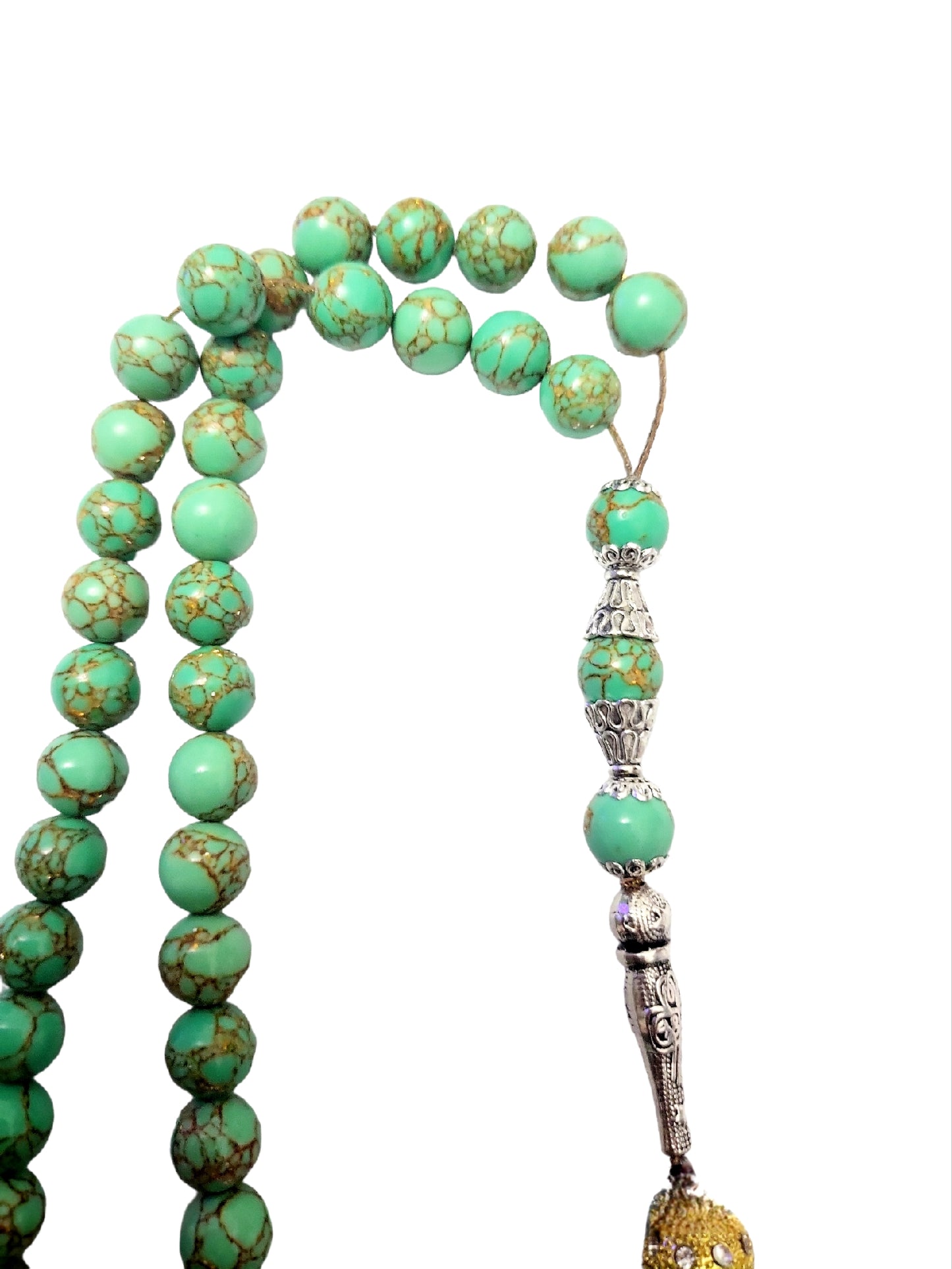 Perles tasbih turquoise naturelles persanes dorées 24 carats