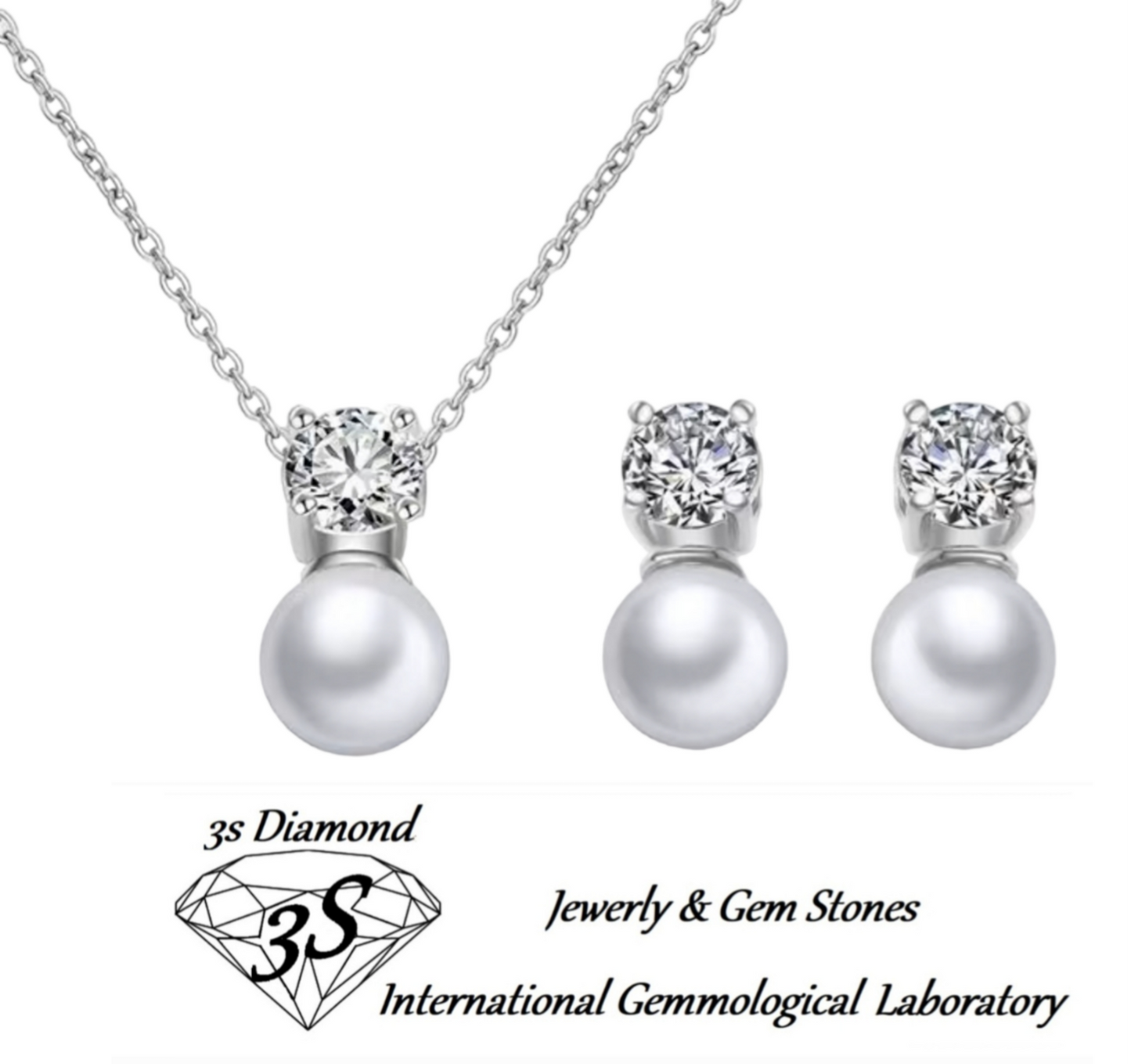 complete set of necklace and earrings with natural white pearl and 0.30ct natural diamonds color E VVS1