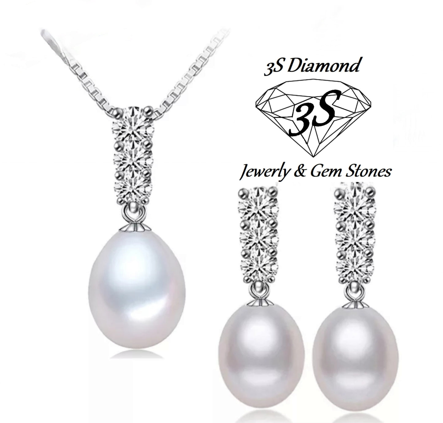 complete trilogy set of necklace and earrings with natural white pearl, natural diamond 0.90ct Color E VVS1