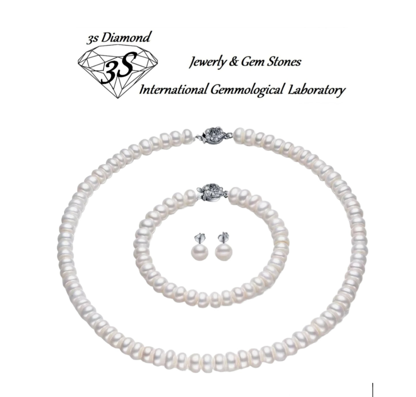 complete set with natural white pearl, necklace, bracelet and earring in 18k 750 gold