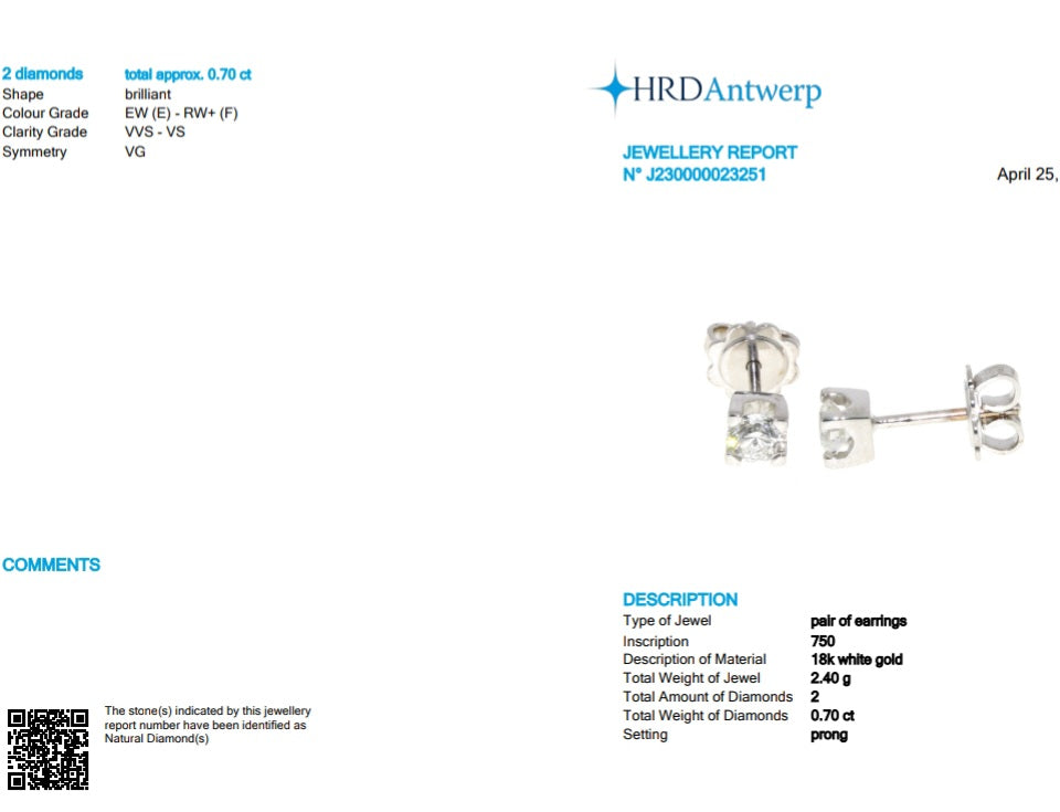 HRD certified light point earrings in 18k white gold and 2 natural diamonds 0.70 ct