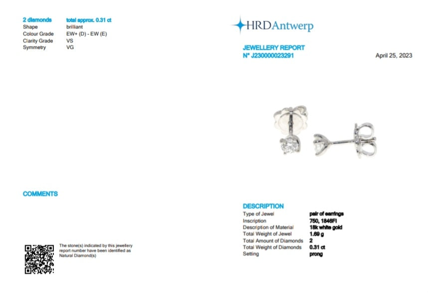 Boucles d'oreilles point lumineux certifiées HRD en or blanc 18 carats avec 2 diamants naturels 0,31 ct