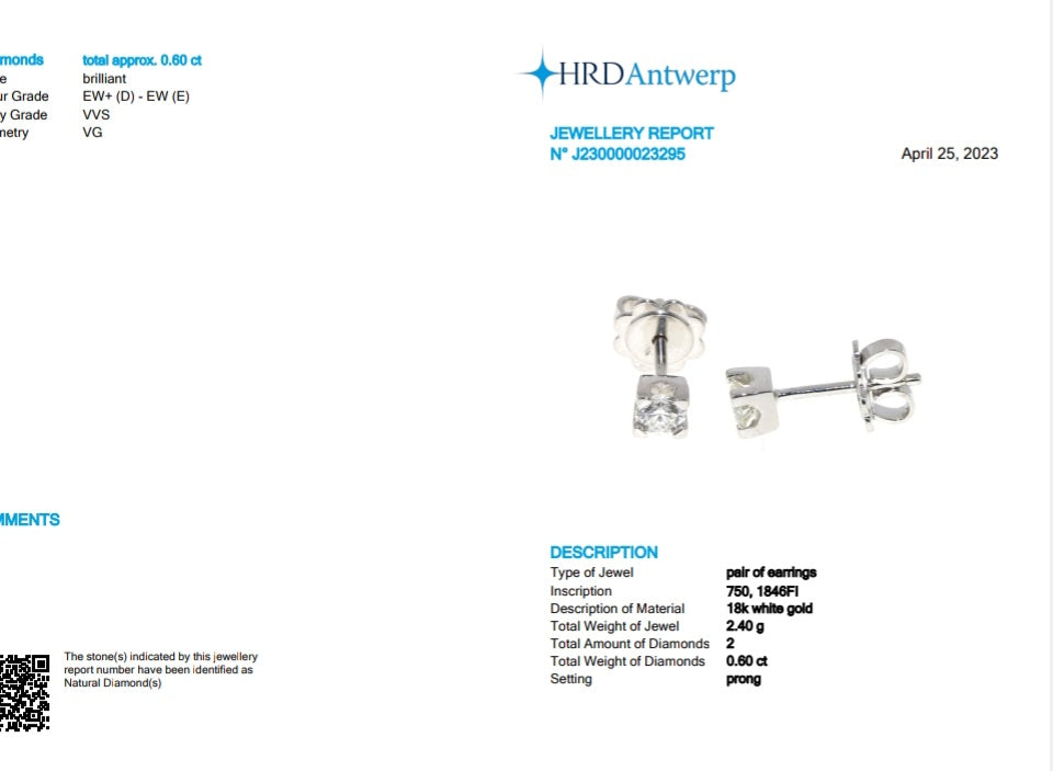 HRD certified light point earrings in 18k white gold and 2 natural diamonds 0.60ct