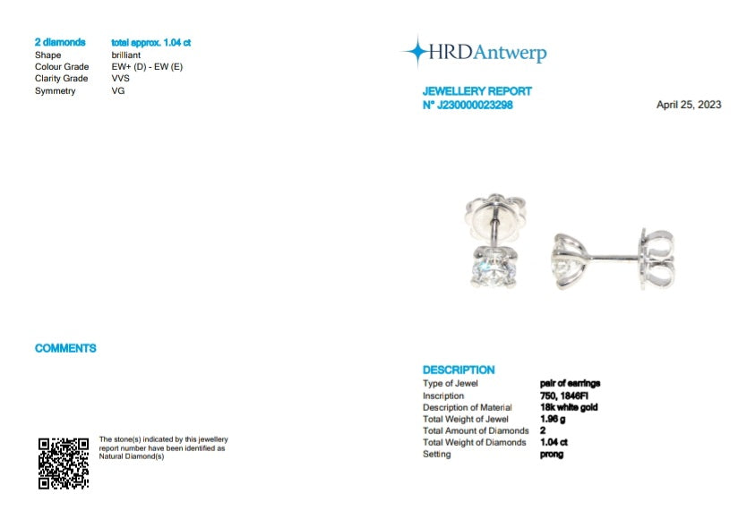 HRD certified light point earrings in 18k white gold and 2 natural diamonds 1.04 ct