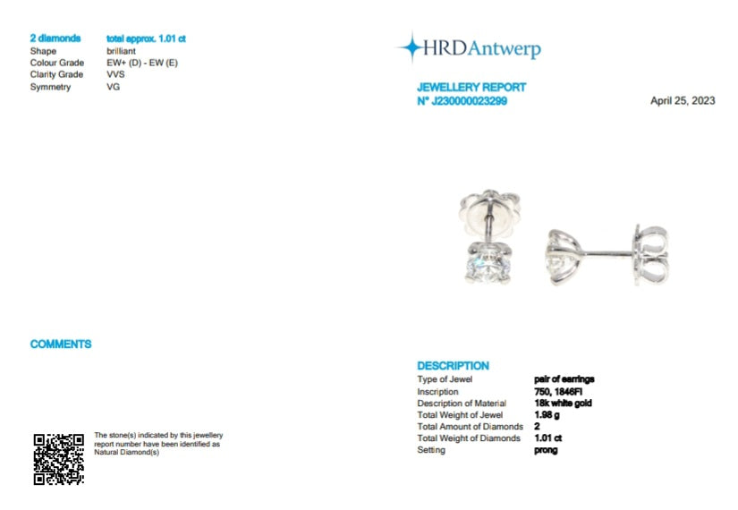 HRD certified light point earrings in 18k white gold and 2 natural diamonds 1.01 ct