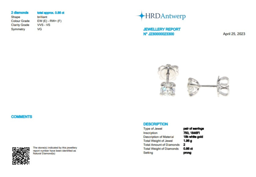 Boucles d'oreilles point lumineux certifiées HRD en or blanc 18 carats et 2 diamants naturels 0,86 ct