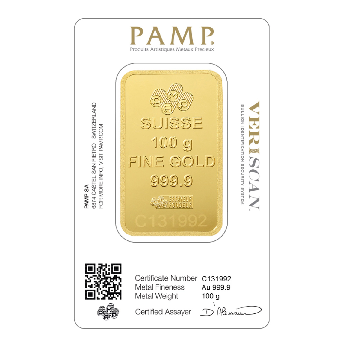 Lingot d'or pur 24 carats 100 grammes (PAMP) pour investissement