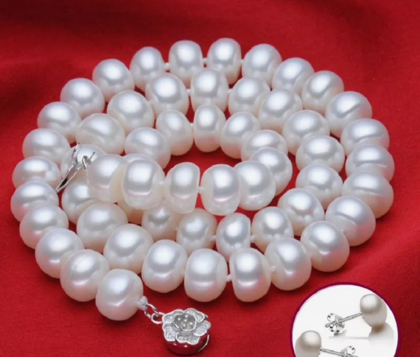 parure complète avec perle blanche naturelle, collier, bracelet et boucle d'oreille en or 18 carats 750