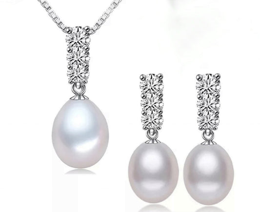 set completo trilogy collana e orecchini con perla naturale bianca diamante naturali 0,90ct Color E VVS1
