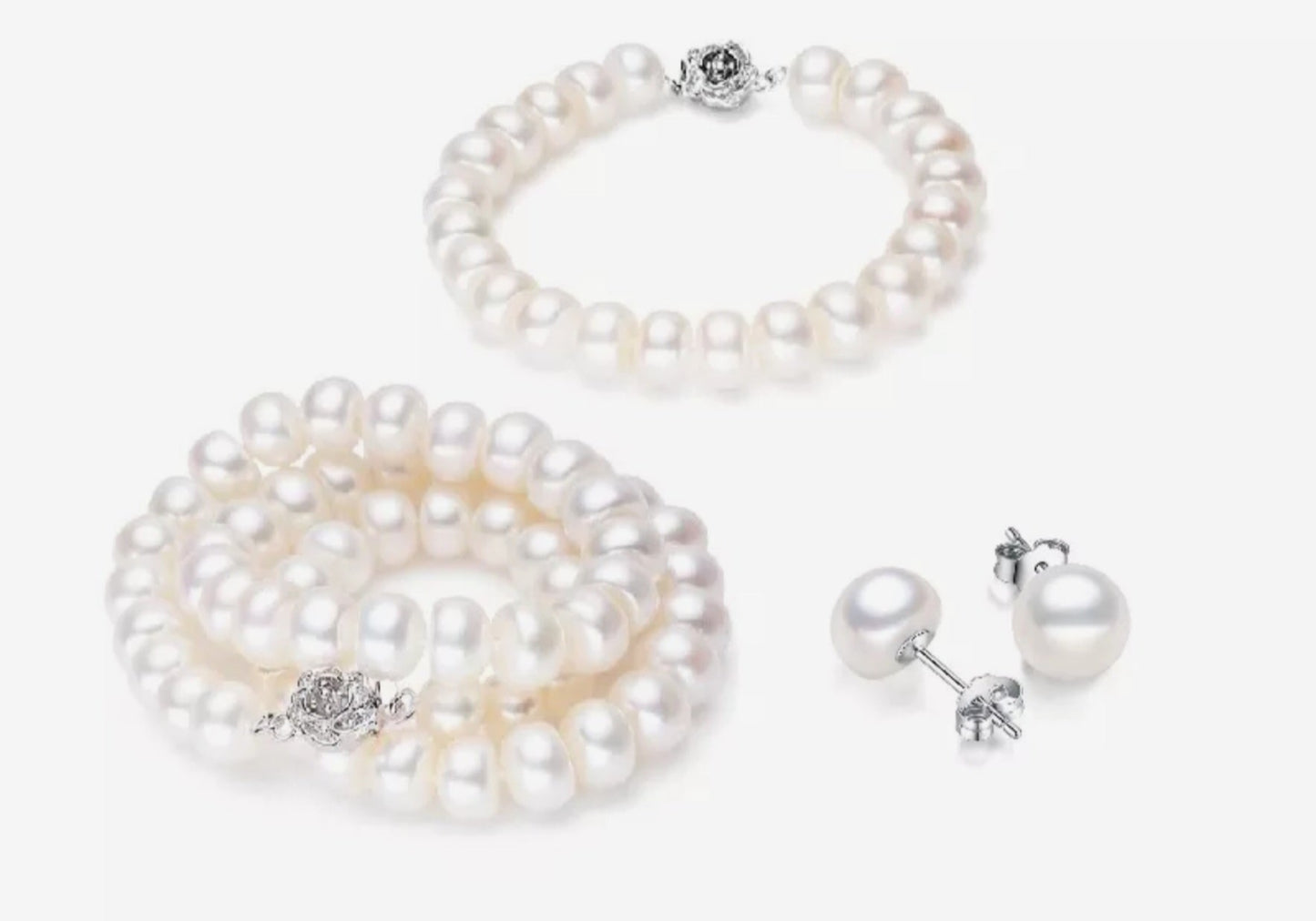 complete set with natural white pearl, necklace, bracelet and earring in 18k 750 gold