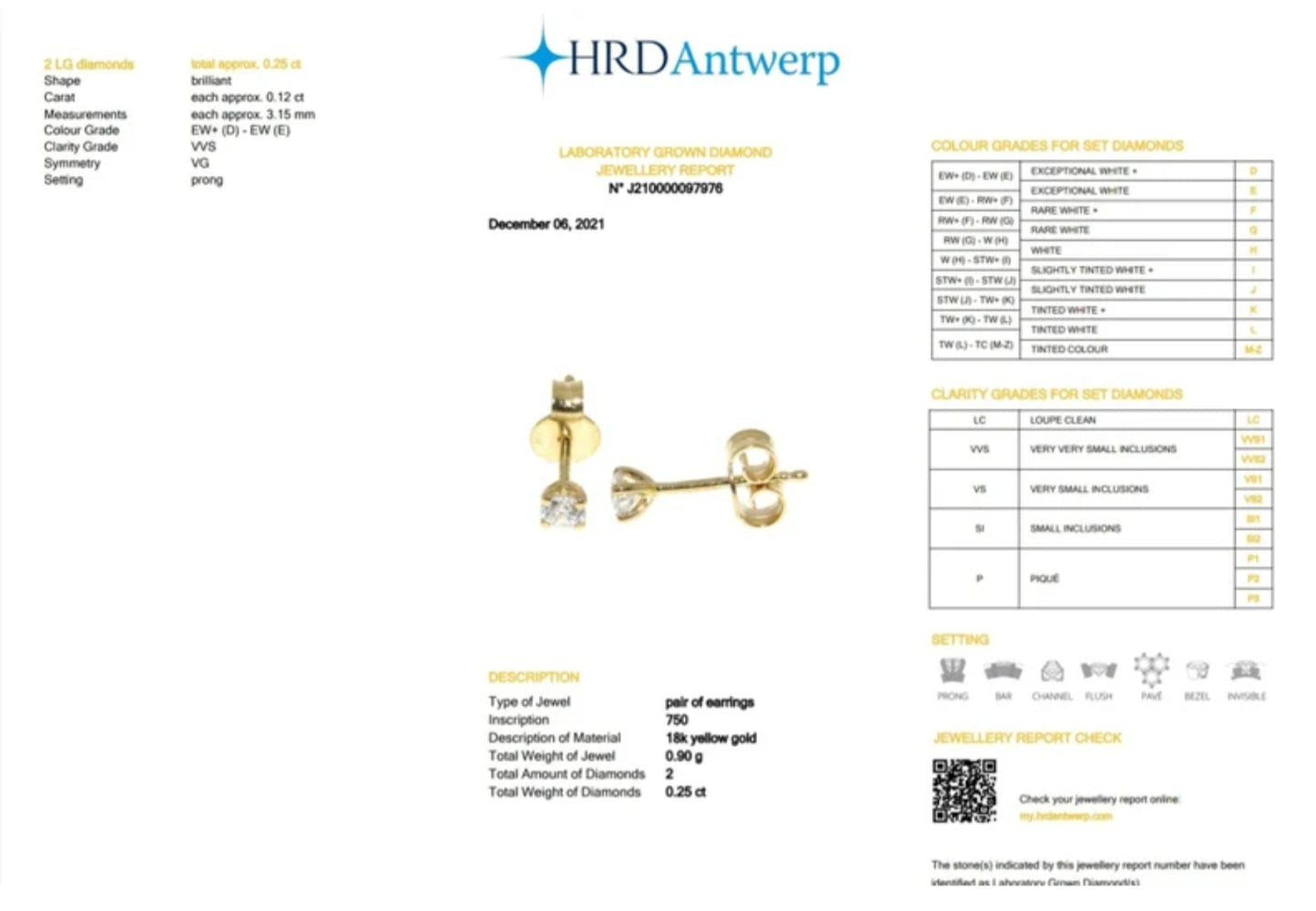 HRD certified light point earrings in 18k yellow gold and 2 natural diamonds 0.25ct