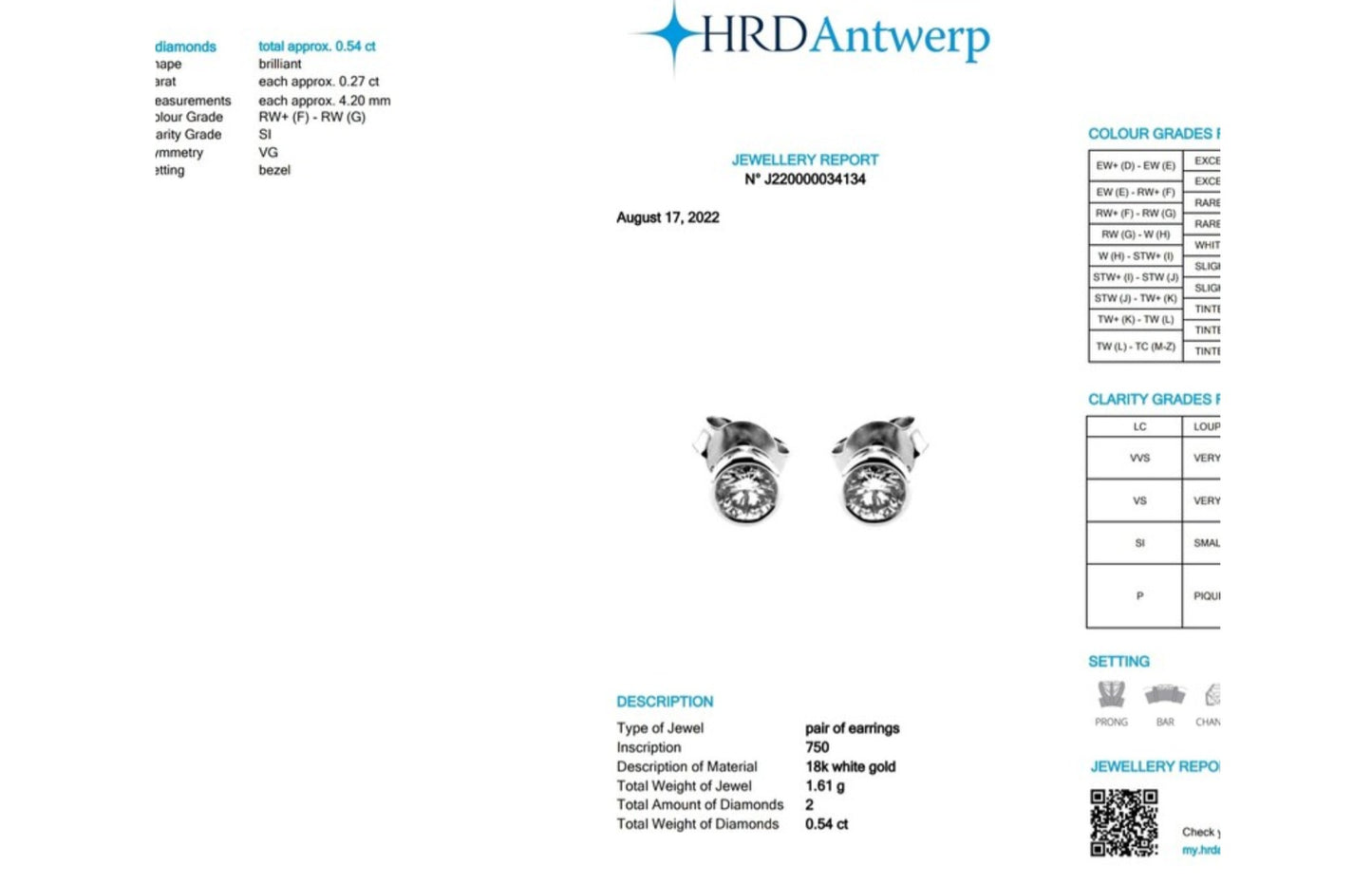 HRD certified onion light point earrings in 18k white gold and 2 natural diamonds 0.54 ct