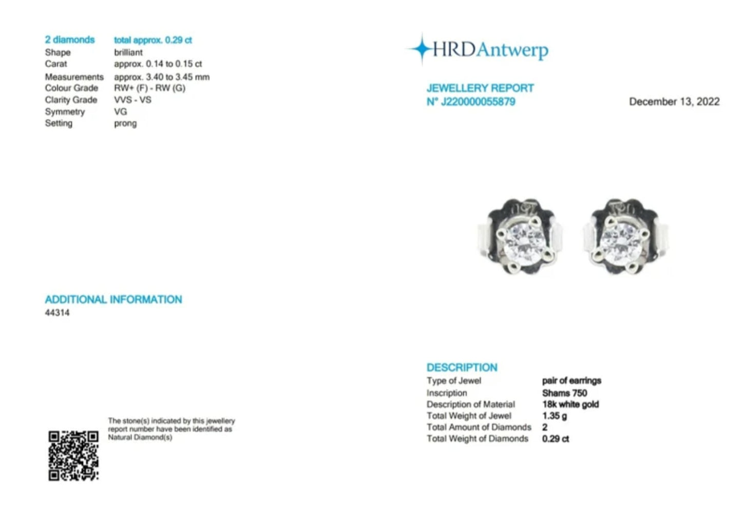 HRD certified light point earrings in 18k white gold and 2 natural diamonds 0.29 ct