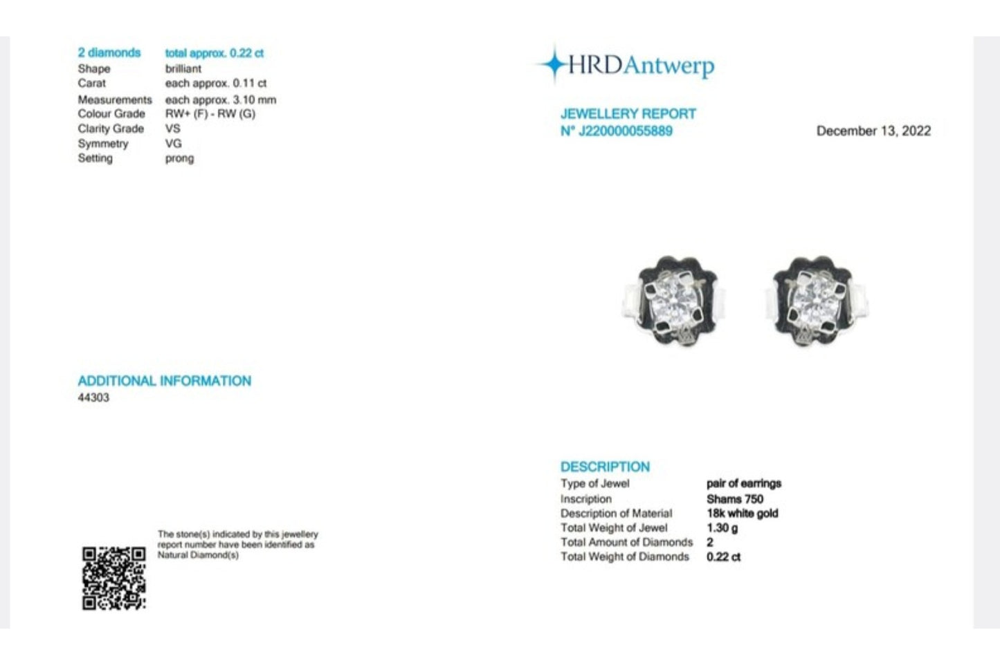 HRD certified square light point earrings in 18k white gold and 2 natural diamonds 0.22ct