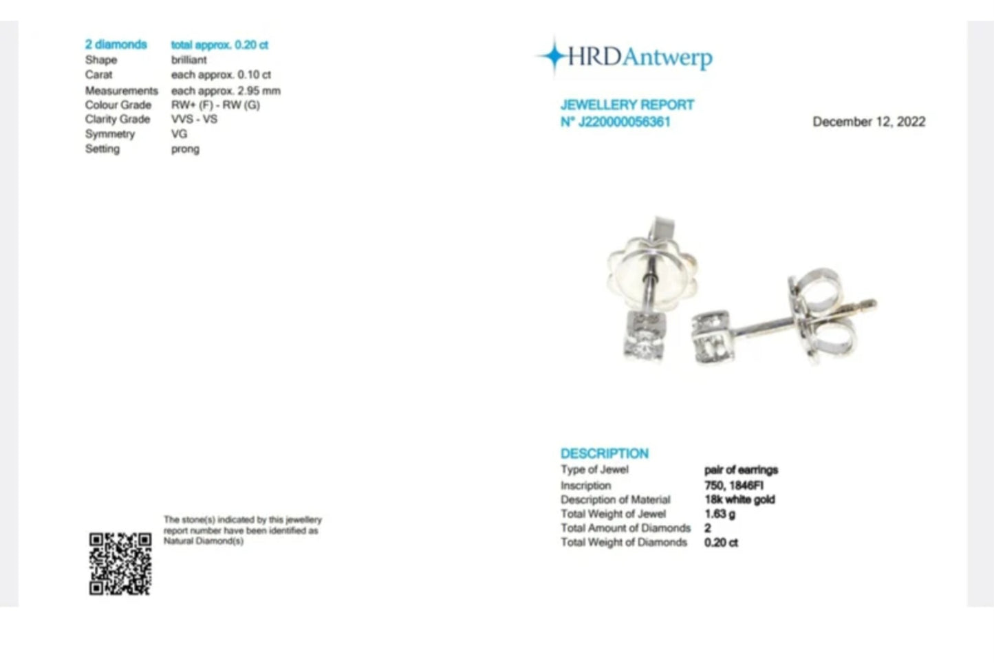 HRD certified square light point earrings in 18k white gold and 2 natural diamonds 0.20ct