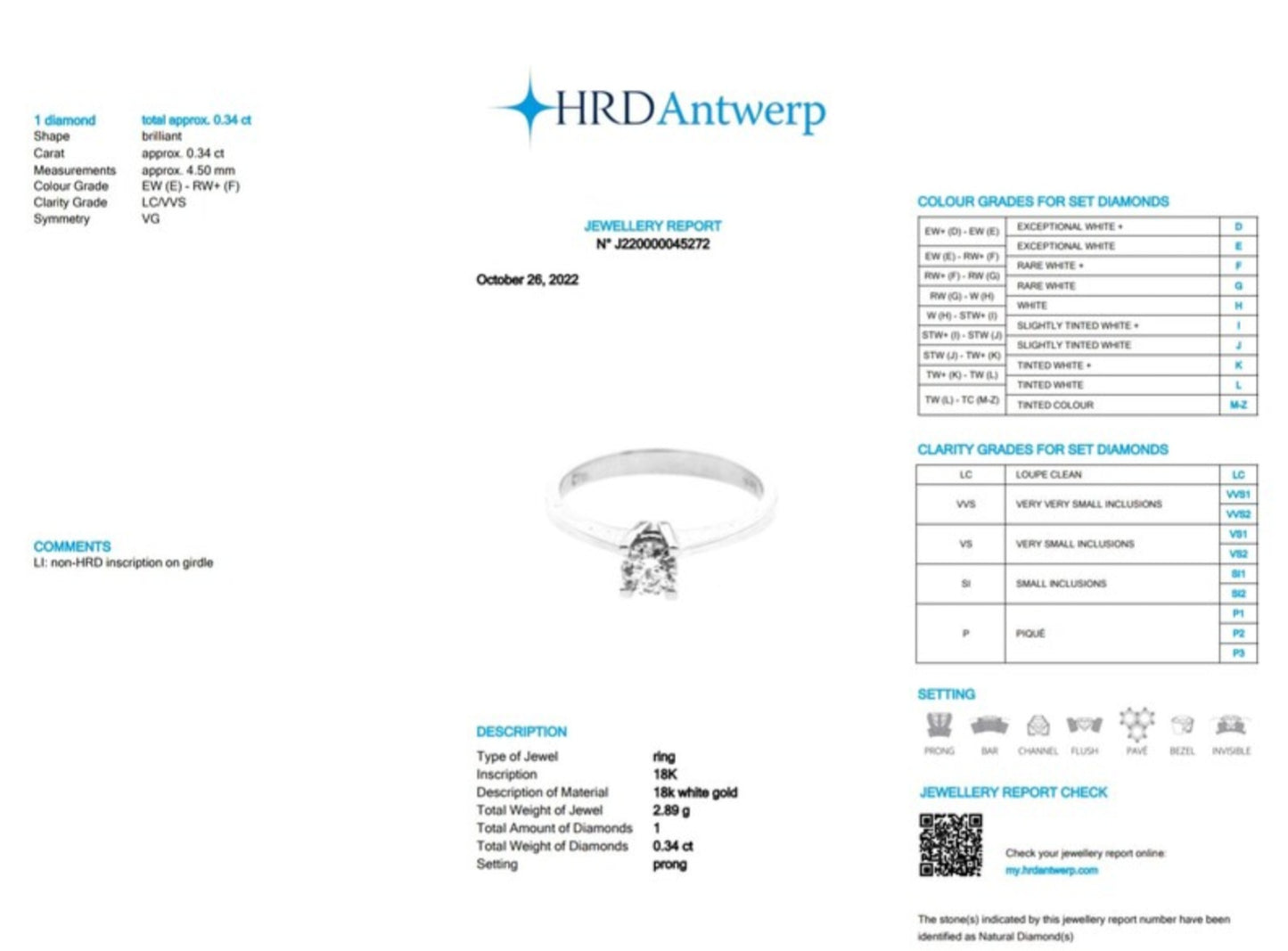 HRD certified solitaire ring in 18k white gold and central natural diamond 0.34ct