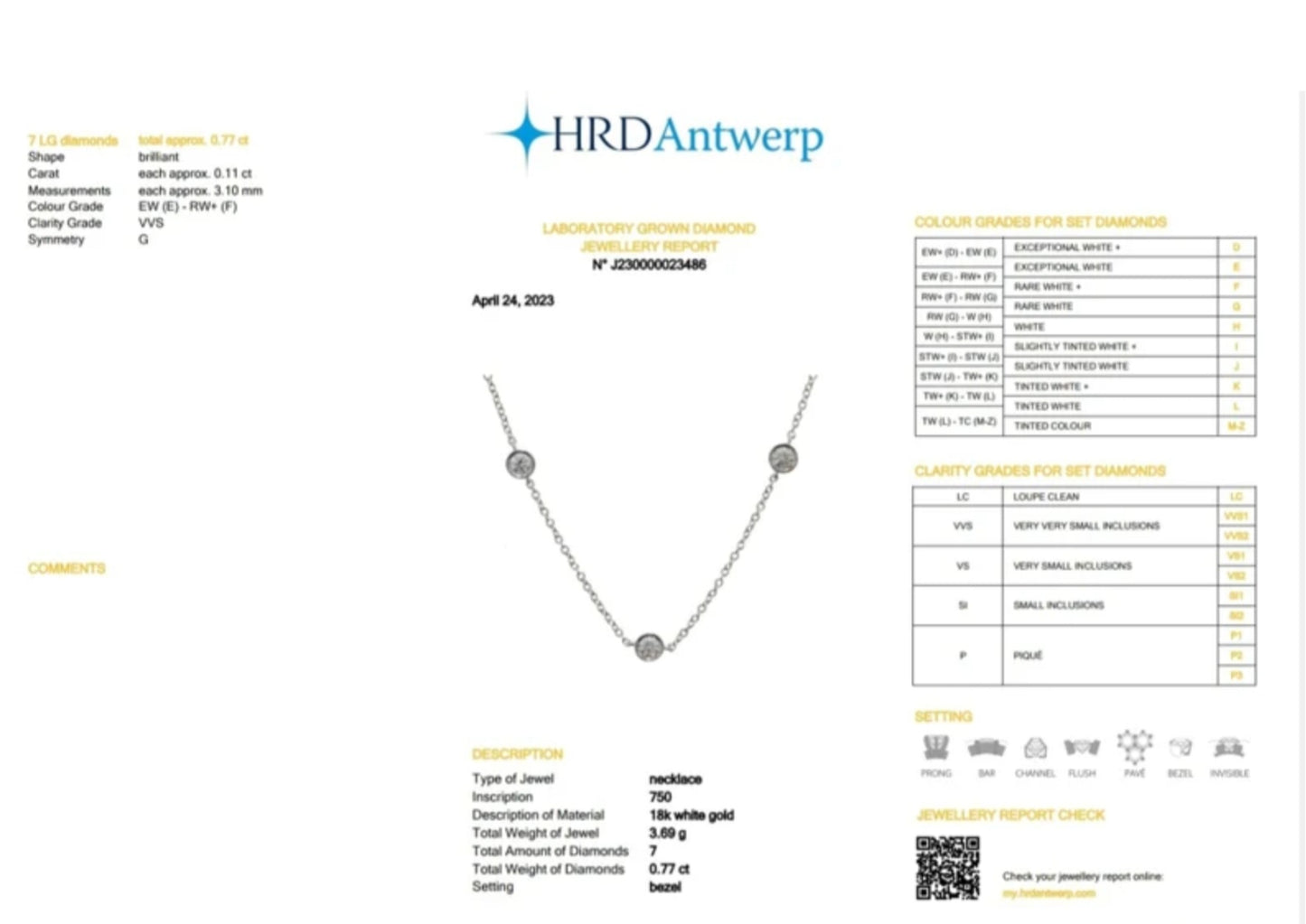 collana certificato HRD IN oro bianco  con 7 diamanti naturali 0,77 ct