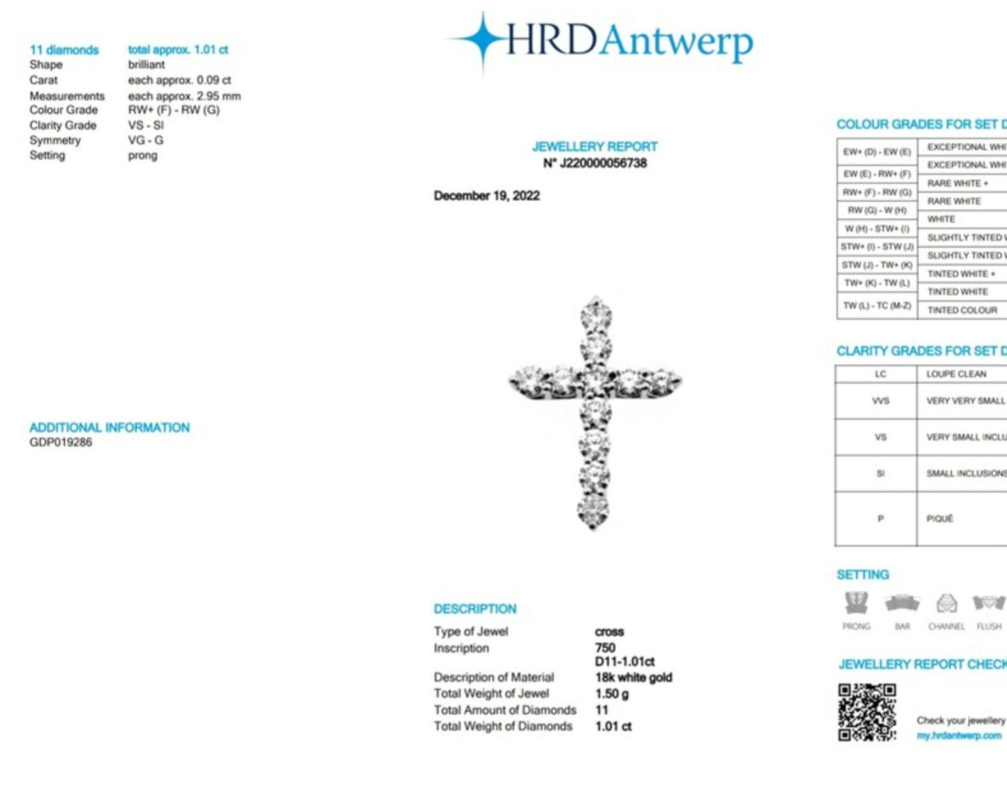 Pendentif croix certifié HRD EN or blanc 18 carats et diamants naturels 1,01 ct